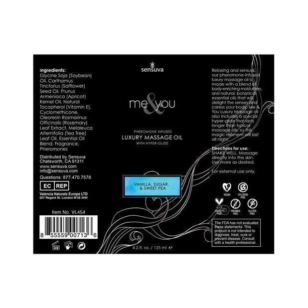 Sensuva - Me and You Pheromone Luxury Massage Oil Vanilla Sugar Sweet Pea 4.2oz Massage Oil 855559007136 CherryAffairs