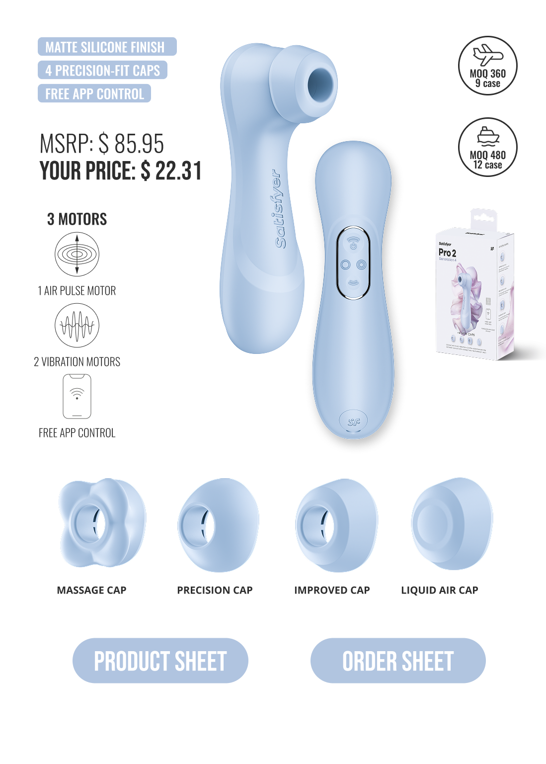 Satisfyer - Pro 2 Generation 4 Connect App Clitoral Air Pulse Stimulator (Light Blue)