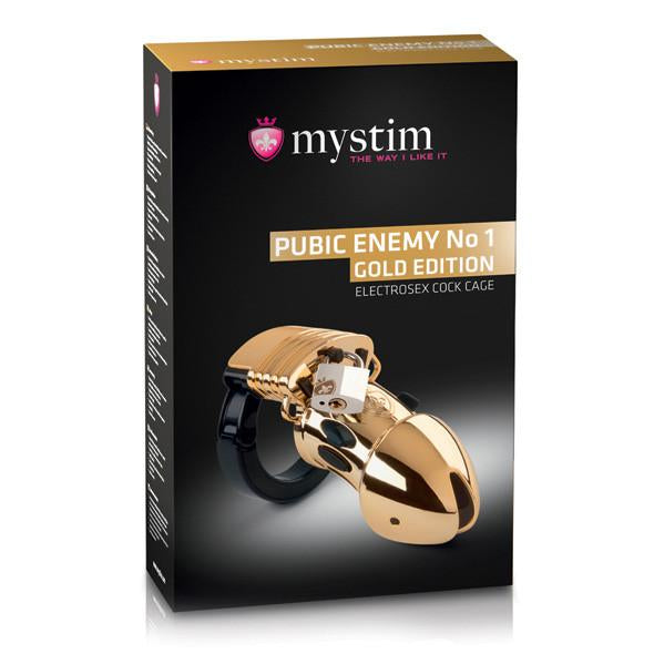 Mystim - Pubic Enemy No 1 Electrosex Cock Cage (Gold) - PleasureHobby