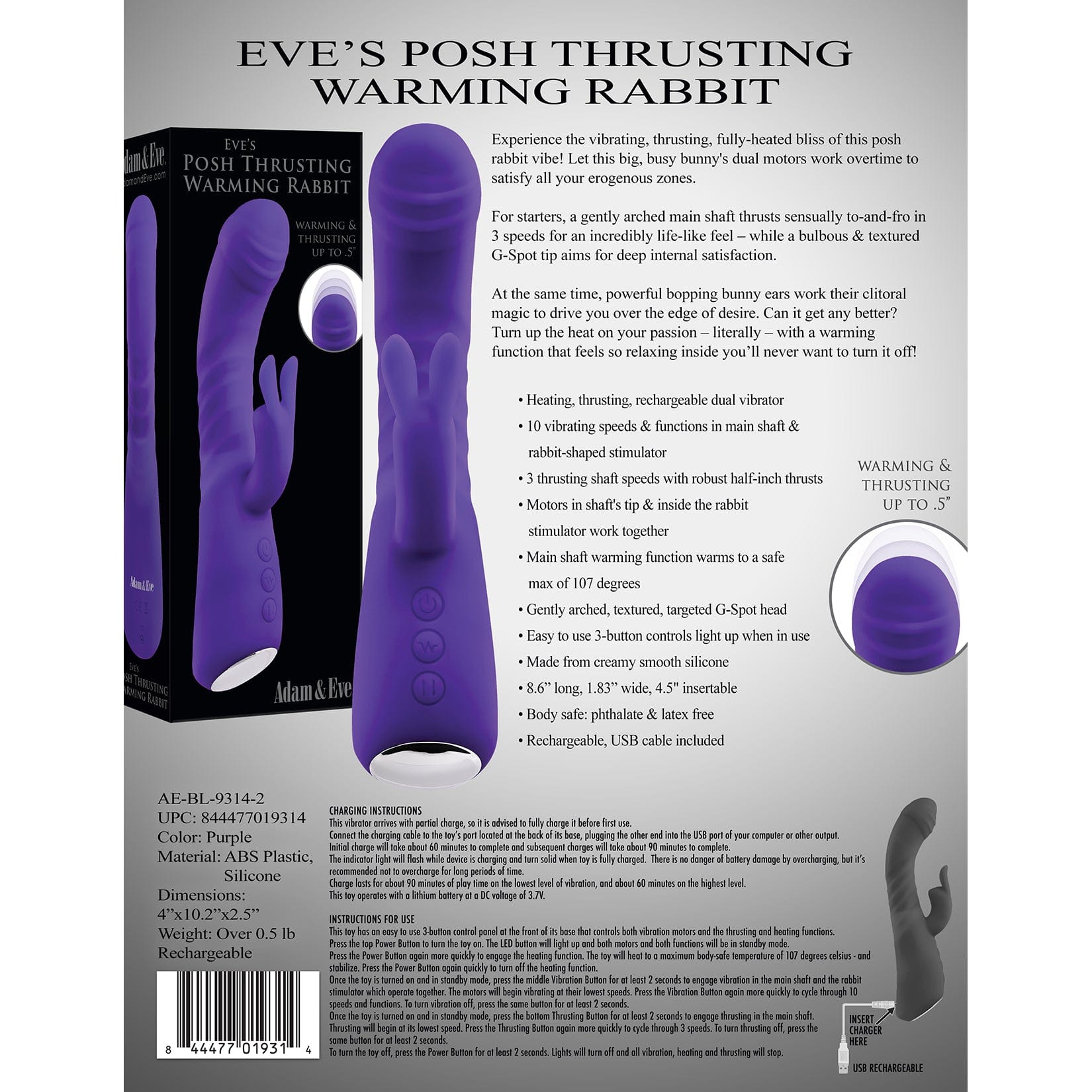 Adam & Eve - Eve's Posh Thrusting Warming Rabbit Vibrator (Purple) Rabbit Dildo (Vibration) Rechargeable 844477019314 CherryAffairs