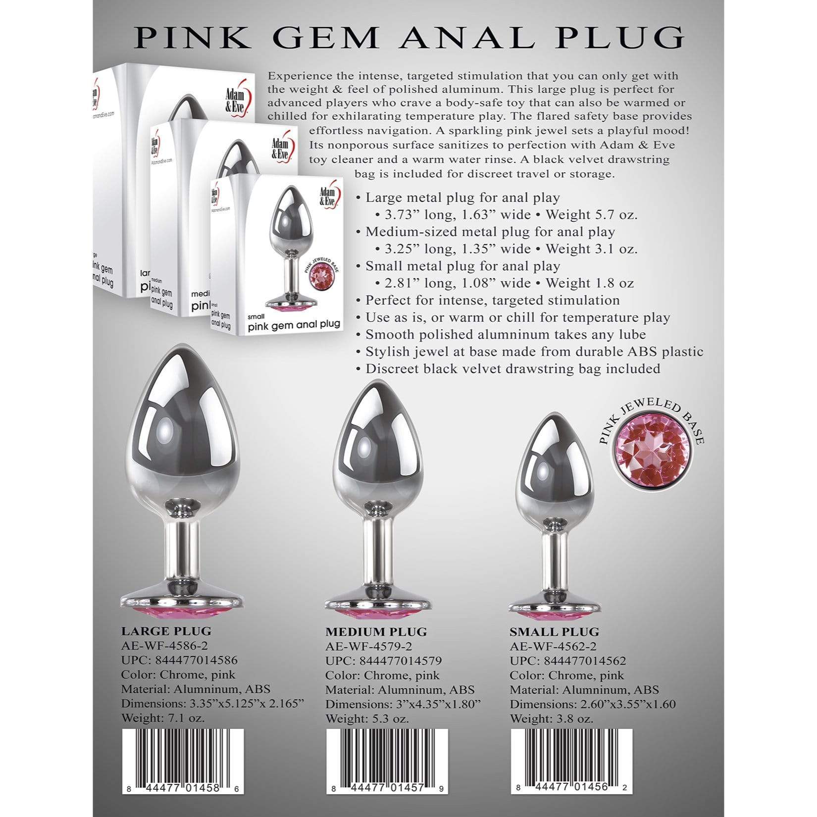 Adam & Eve - Pink Gem Aluminium Anal Plug Medium (Silver) Metal Anal Plug (Non Vibration) 844477014579 CherryAffairs