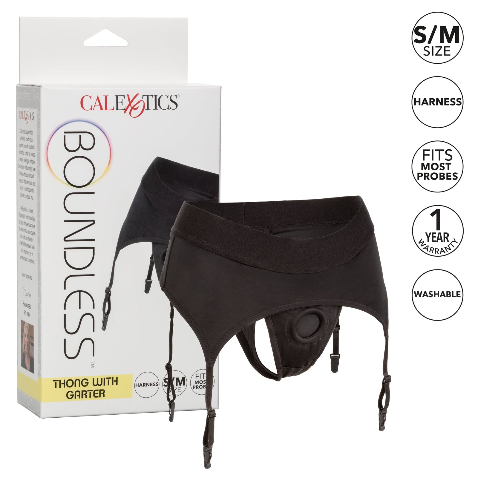 California Exotics - Boundless Thong with Garter Strap On S/M (Black) Strap On w/o Dildo 716770096289 CherryAffairs