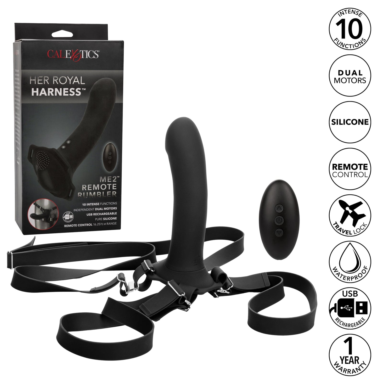 California Exotics - Her Royal Harness Me2 Remote Rumbler Strap On (Black) Strap On with Dildo for Reverse Insertion (Vibration) Rechargeable 716770101457 CherryAffairs