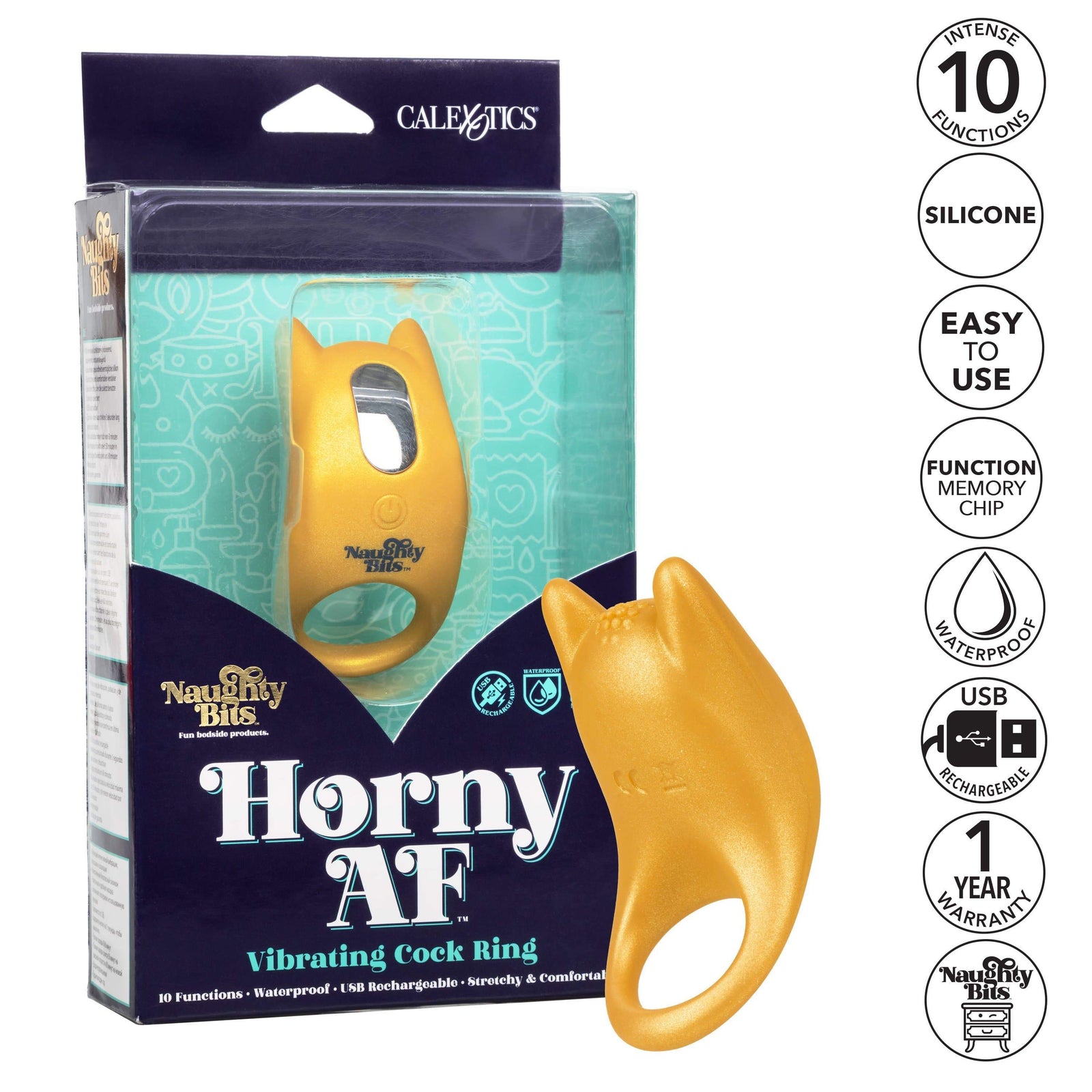 California Exotics - Naughty Bits Horny AF Vibrating Cock Ring (Yellow) Silicone Cock Ring (Vibration) Rechargeable Durio Asia