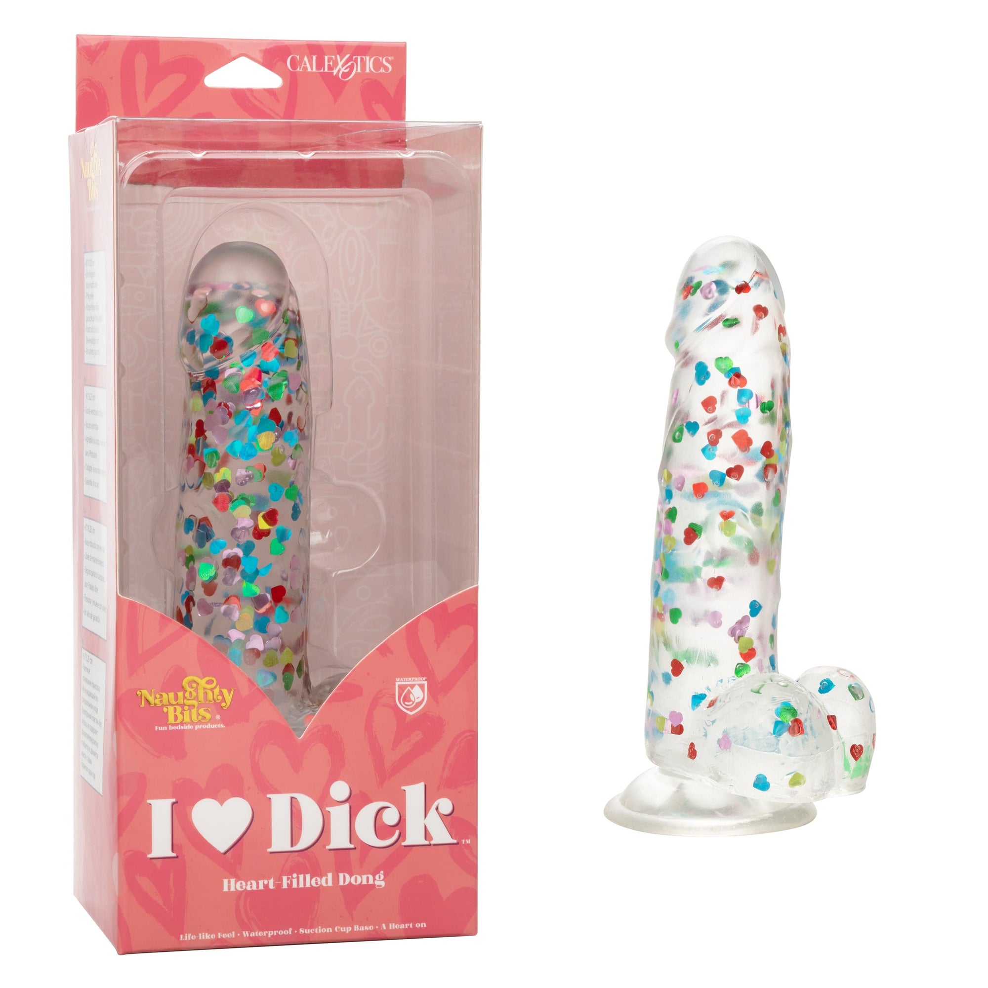 California Exotics - Naughty Bits I Love Dick Heart filled Dong Realistic Dildo with Balls 8" (Clear) Clit Massager (Vibration) Rechargeable 716770101273 CherryAffairs