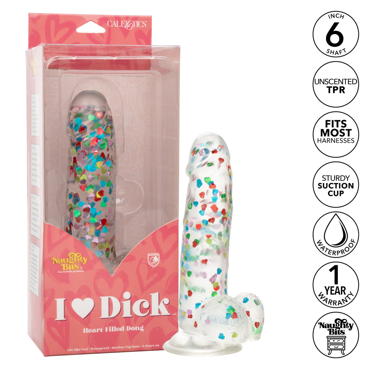 California Exotics - Naughty Bits I Love Dick Heart filled Dong Realistic Dildo with Balls 8&quot; (Clear) Clit Massager (Vibration) Rechargeable 716770101273 CherryAffairs