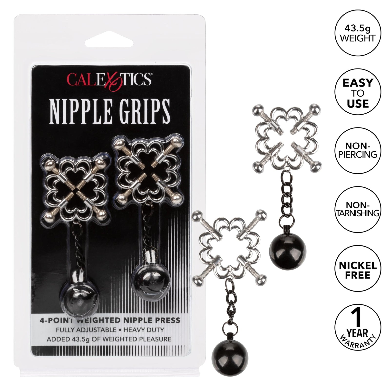 California Exotics - Nipple Grips 4 Point Weighted Nipple Press Clamps (Silver) Nipple Clamps (Non Vibration) 716770097446 CherryAffairs