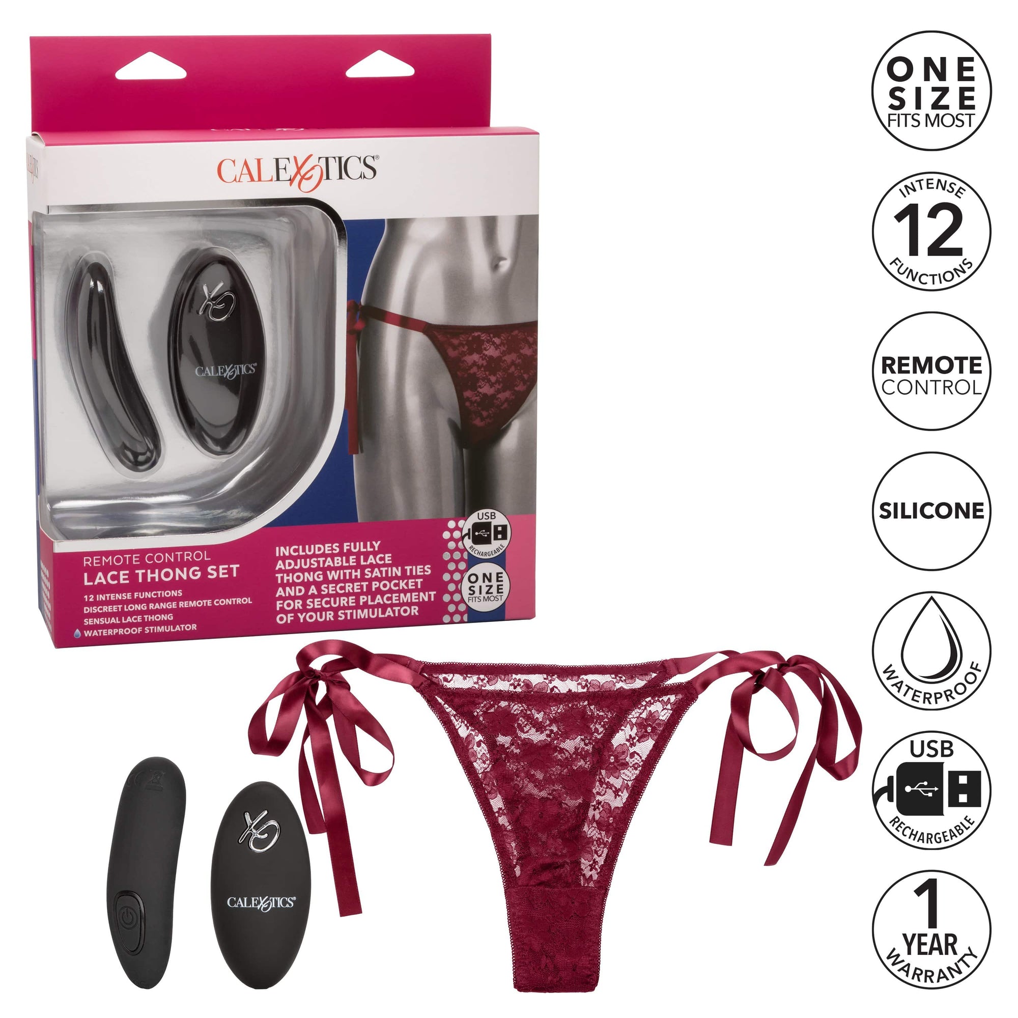 California Exotics - Remote Control Vibrating Lace Thong Set (Burgundy) Panties Massager Remote Control (Vibration) Rechargeable 716770099211 CherryAffairs