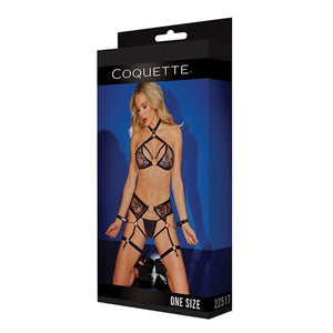 Coquette - Label Strappy Detail Halter Top with Crotchless Panty Garters and Restraints Costume O/S (Black) Costumes 883124179940 CherryAffairs