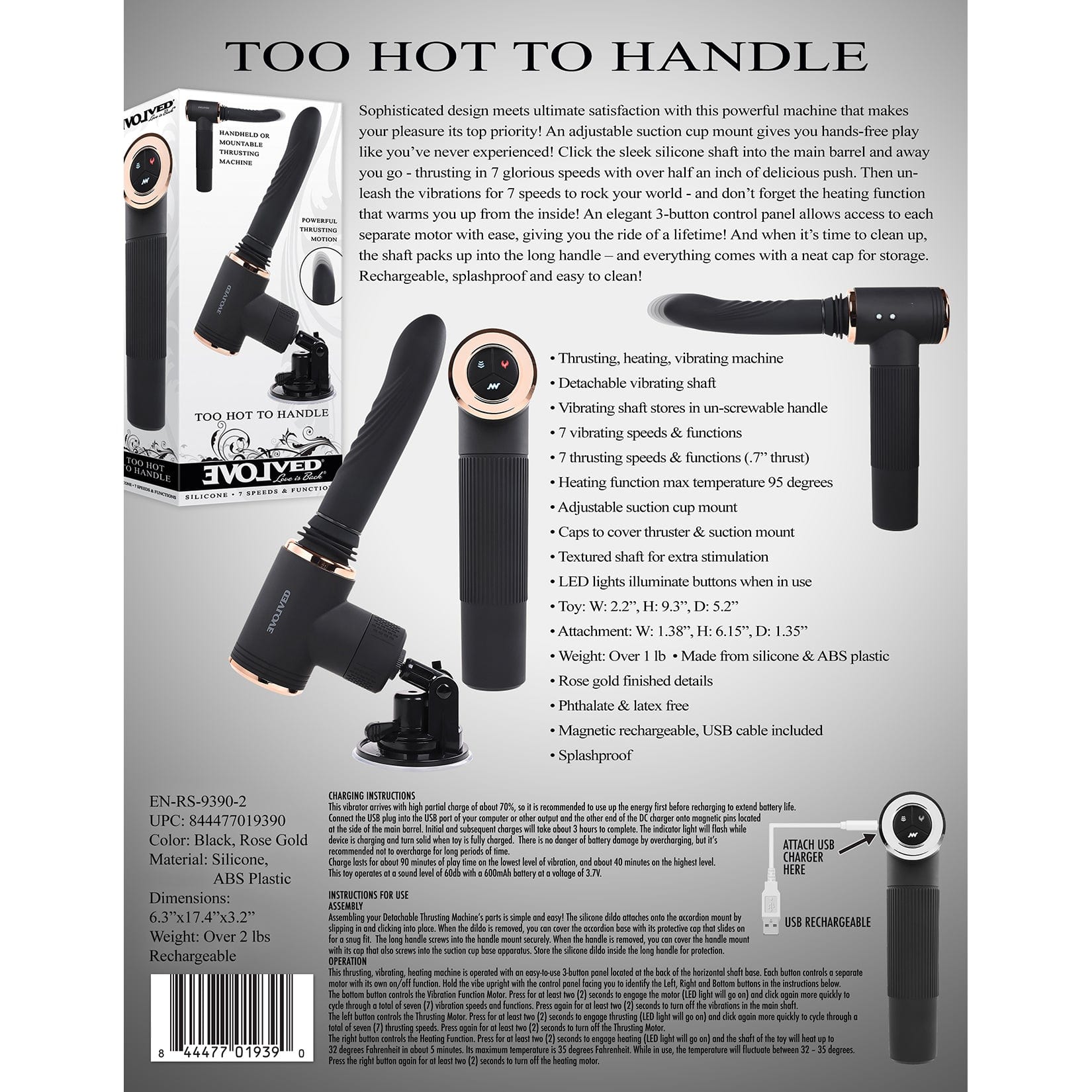 Evolved - Too Hot to Handle Mountable Thursting Sex Machine (Black) Non Realistic Dildo w/o suction cup (Vibration) Rechargeable 844477019390 CherryAffairs