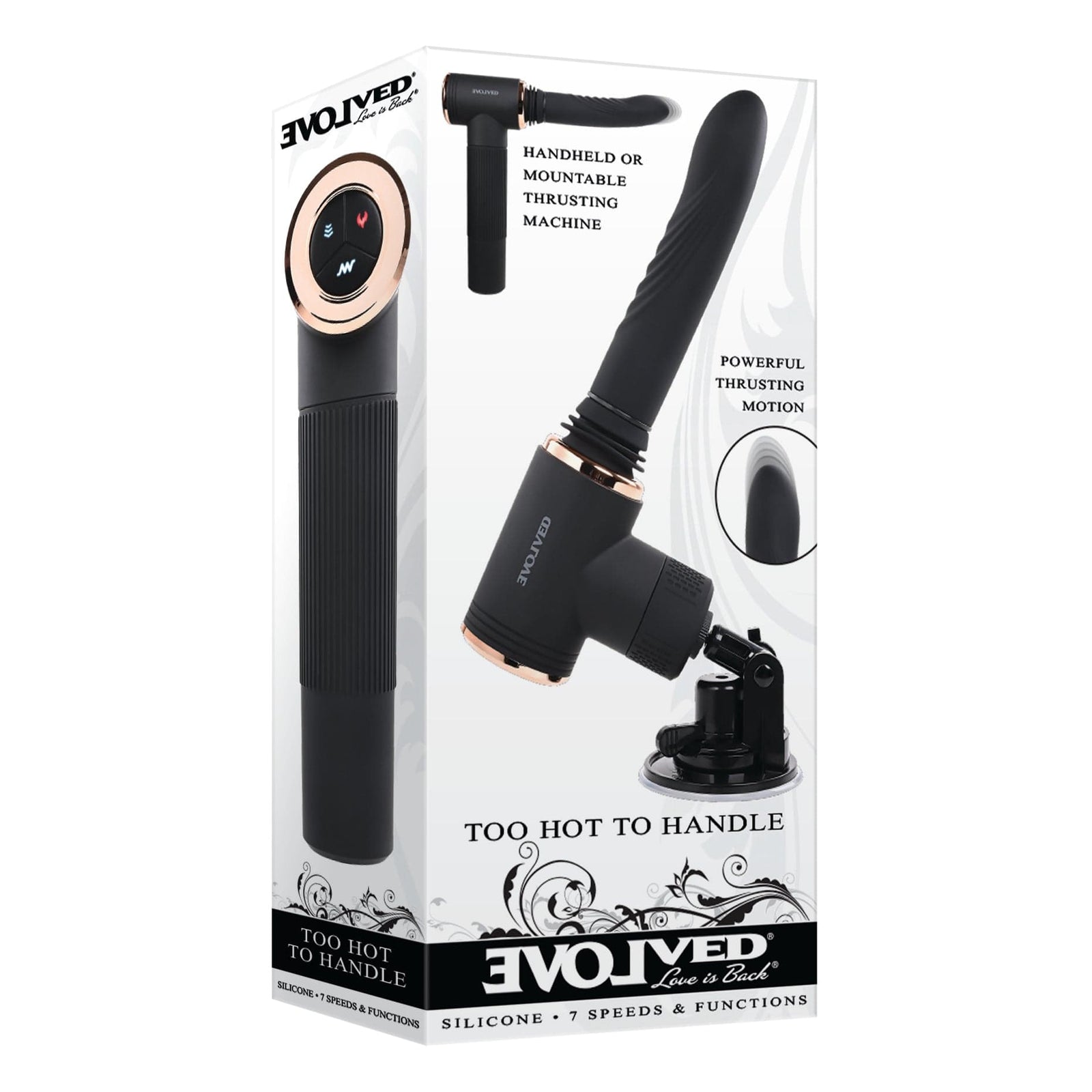Evolved - Too Hot to Handle Mountable Thursting Sex Machine (Black) Non Realistic Dildo w/o suction cup (Vibration) Rechargeable 844477019390 CherryAffairs