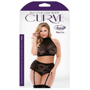 Fantasy Lingerie - Curve Plus Size Katia Halter Bra with Gartered Panties 1X/2X (Black) Costumes 811432016336 CherryAffairs