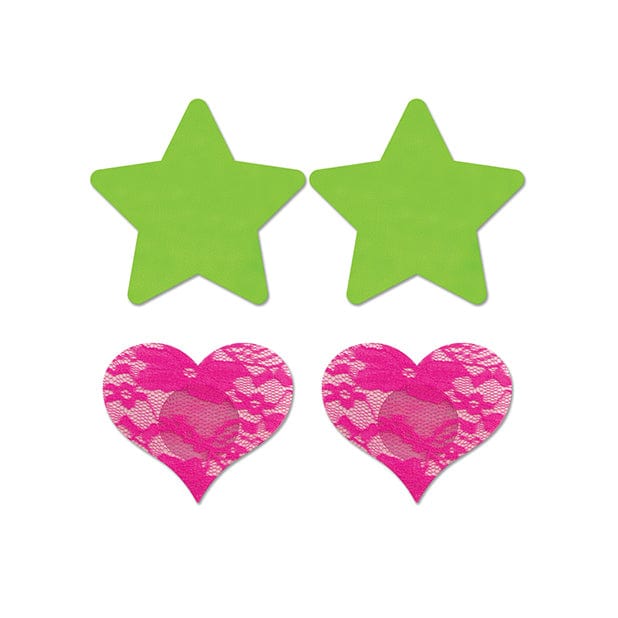 Fantasy Lingerie - Fashion Pasties Set Pack of 2 UV Reactive Neon Star and Lace Heart Pasties O/S (Green/Pink) Costumes CherryAffairs