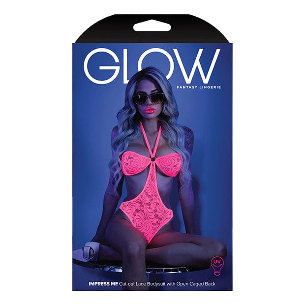 Fantasy Lingerie - Glow Light Impress Me Cut Out Lace Halter Open Caged Back Bodysuit M/L (Neon Pink) Bodysuits CherryAffairs