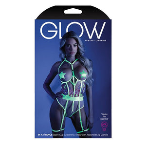 Fantasy Lingerie - Glow Light In A Trance Embroidered Open Cup Crotchless Teddy with Leg Garters M/L (Neon Chartreuse) Teddy 657447305122 CherryAffairs