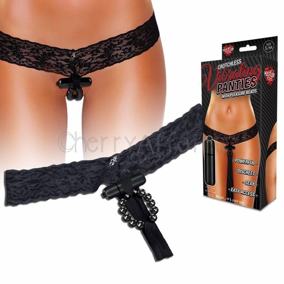 Hustler - Crotchless Vibrating Panties With Pleasure Beads S/M (Black) Lingerie (Vibration) Non Rechargeable Durio Asia