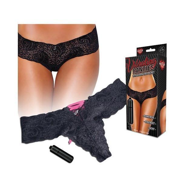 Hustler - Vibrating Panties with Hidden Vibe Pocket Back Lace Up M/L (Black/Pink) Panties Massager Non RC (Vibration) Non Rechargeable Durio Asia