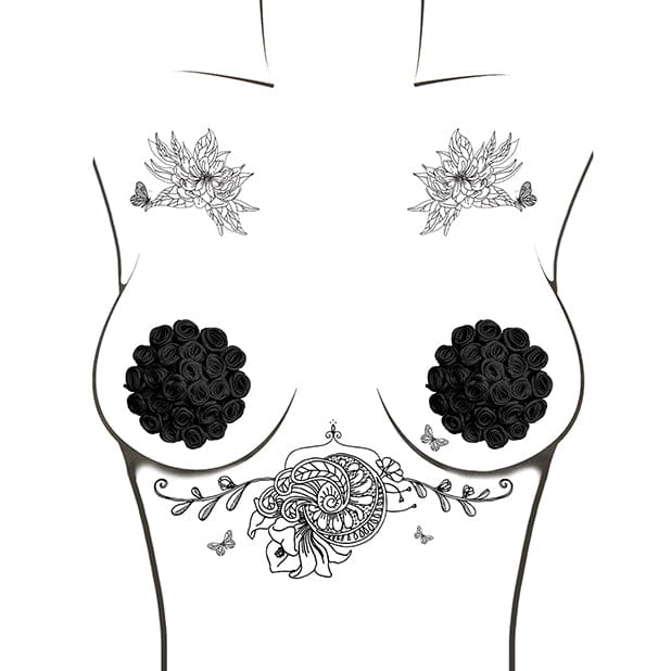 Neva Nude - Burlesque Nightfall Roses Reusable Silicone Pasties Nipple Covers O/S (Black) Nipple Covers 614608261451 CherryAffairs