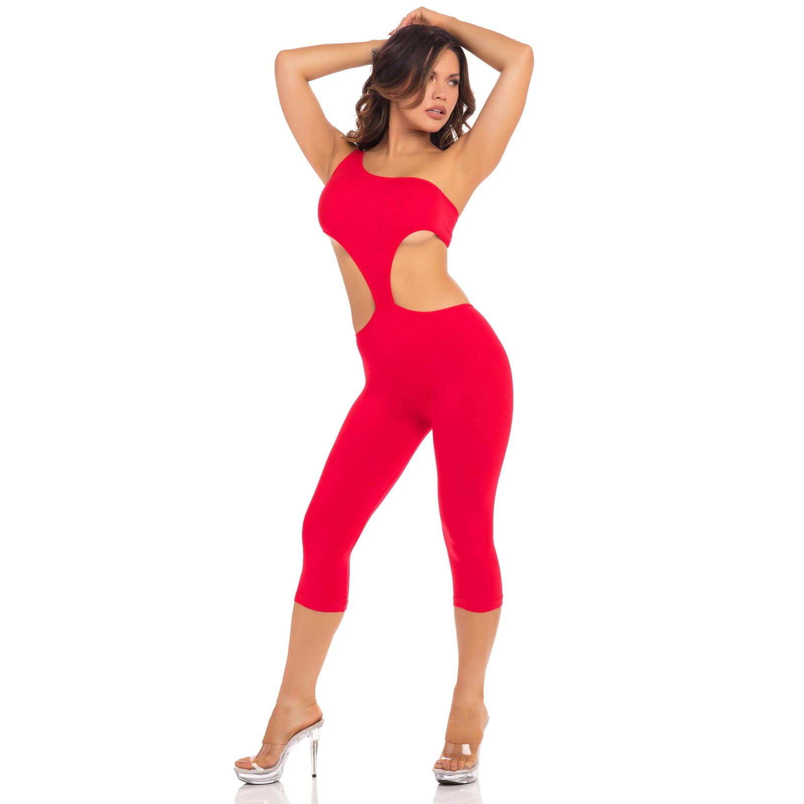 Pink Lipstick - One Shoulder Cropped Catsuit Bodystocking Costume M/L (Red) Bodystockings 017036650475 CherryAffairs