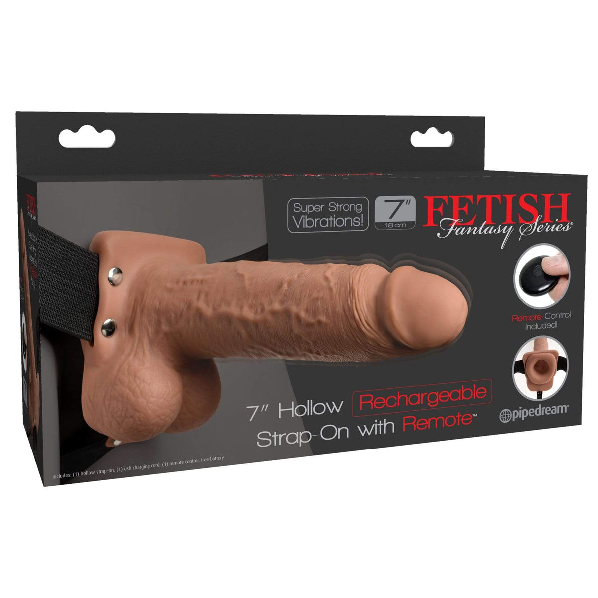 Pipedream - Fetish Fantasy Series Hollow Strap On with Remote 7&quot; (Brown) Strap On with Hollow Dildo for Male (Vibration) Rechargeable 319754936 CherryAffairs