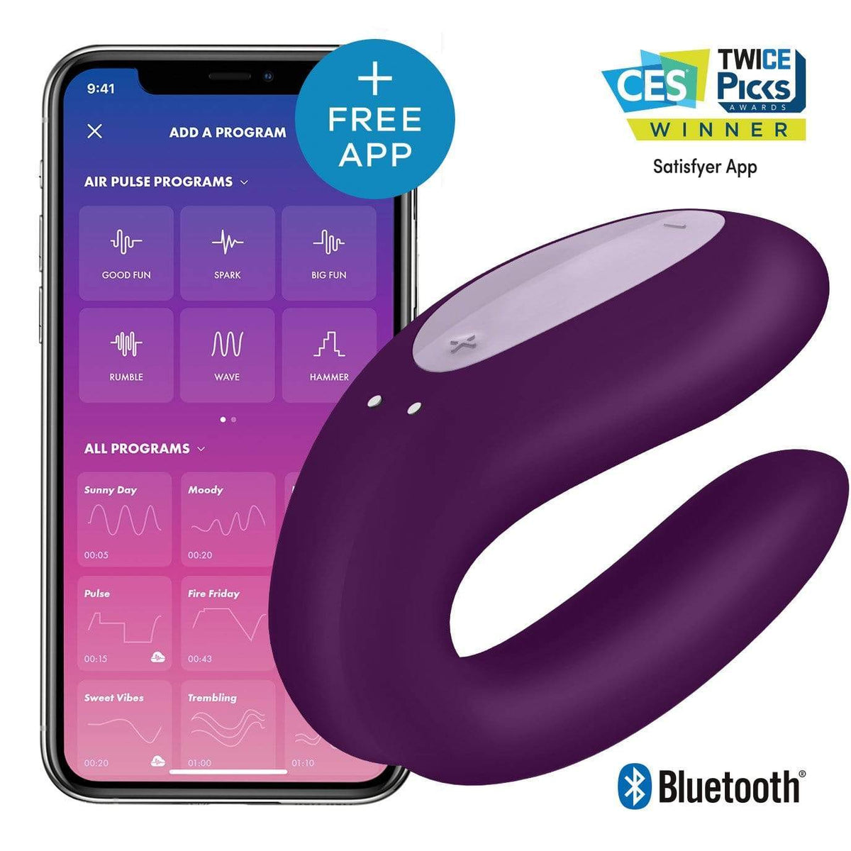Satisfyer - Double Joy App-Controlled Partner Vibrator (Violet) FREE GIFT Couple&#39;s Massager (Vibration) Rechargeable 4061504002408 CherryAffairs