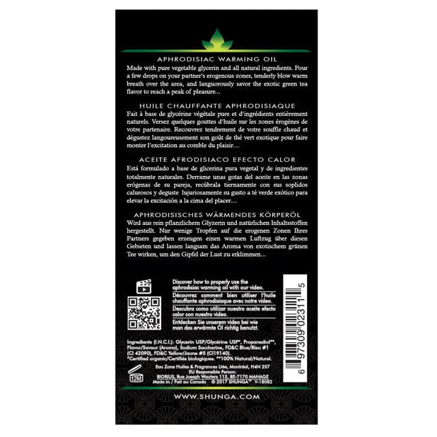 Shunga - Aphrodisiac Organic Flavored Warming Oil 3.5 oz (Erotic Green Tea) Massage Oil 697309023115 CherryAffairs