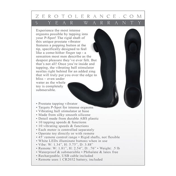 Zero Tolerance - Tap It Remote Control Silicone Prostate Massager (Black) Remote Control Anal Plug (Vibration) Rechargeable 626144141 CherryAffairs