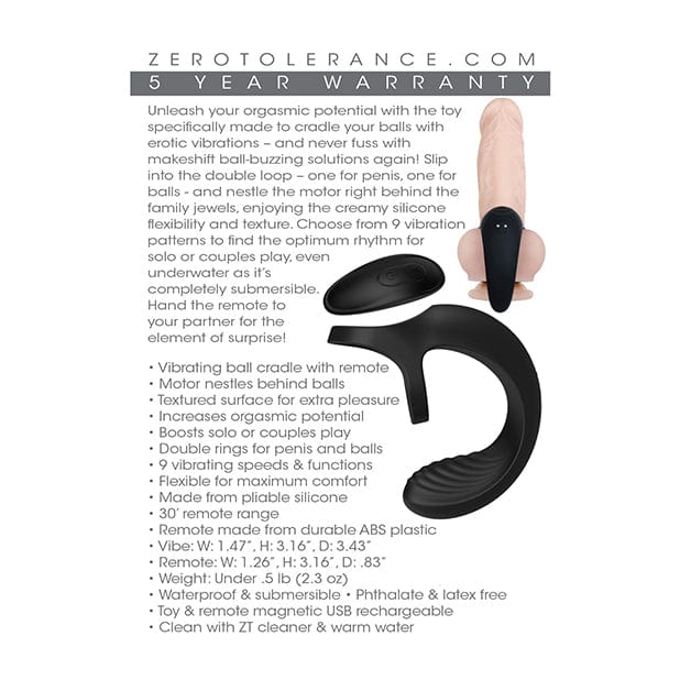 Zero Tolerance - Vibrating Ball Cradle Cock Ring with Remote (Black) Remote Control Cock Ring (Vibration) Rechargeable 626138399 CherryAffairs